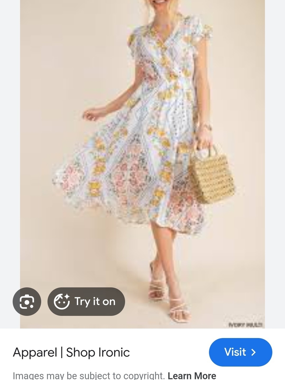 Floral V-Neck Kori Midi Dress in White and Yellow Size L